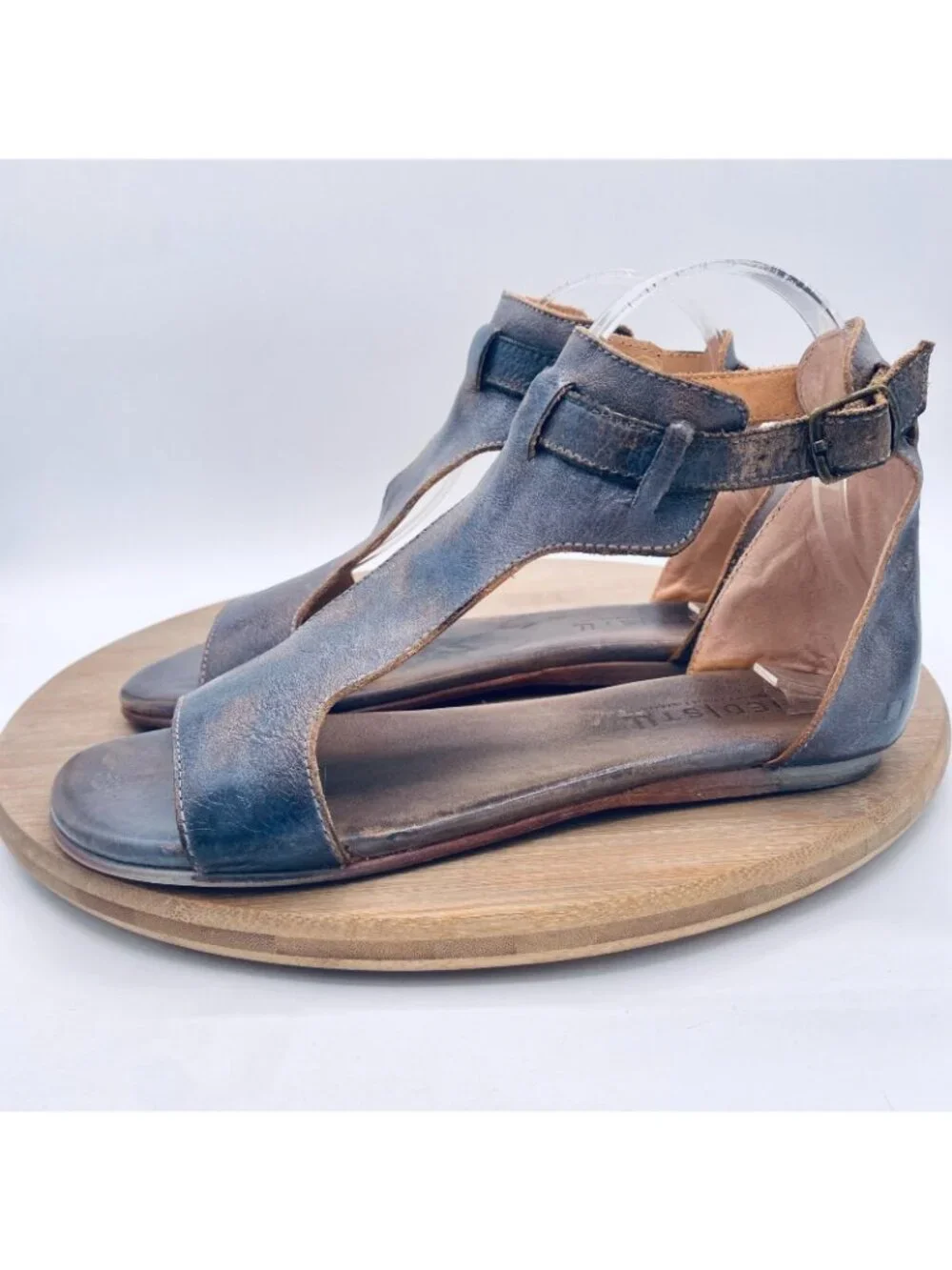 Bed|Stu Sandals Womens 8 Purple Distressed Leather Sabel Ankle Strap Flats
